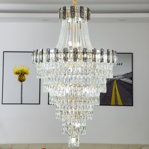 مصباح درج فيلا كبير الحجم من الكريستال الشفاف مع لوحة زجاجية رمادية لقاعة الفندق المزخرفة